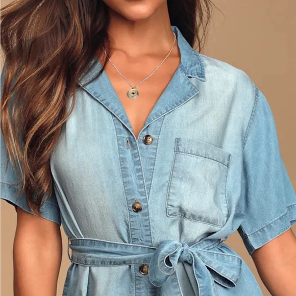 Lulus-It's A Tie Blue Chambray Belted Shirt Dress EUC - Picture 2 of 7